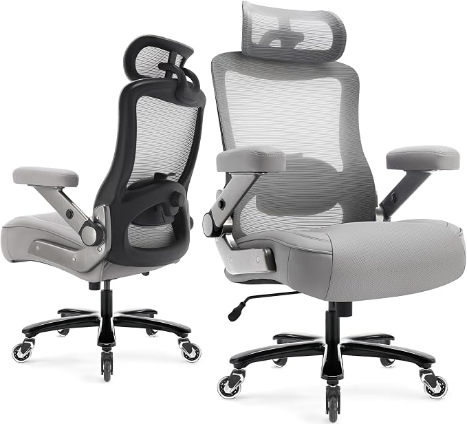 600lbs Big and Tall Office Chair- Heavy Duty Executive Computer Chair with 3D Flip Arms Large Wheels, Ergonomic Mesh High Back Desk Chair, Extra Wide Seat Adjustable Lumbar Support&Headrest