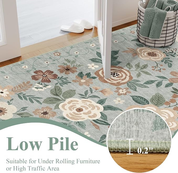 DUKINO 4x6 Feet Office Chair Mat, Lightweight Non Slip Washable Floral Area Rug, Indoor Low Pile & Non-Shedding Boho Design Rugs for Bedroom, Living Room, Dining Room, Sage Green