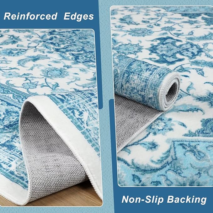 Macgace 5x7 Area Rug for Bedroom, Machine Washable Rugs with Non-Slip Backing for Living Room, Soft Vintage Carpet Kitchen Laundry Kids Room Decor, Celestial Blue