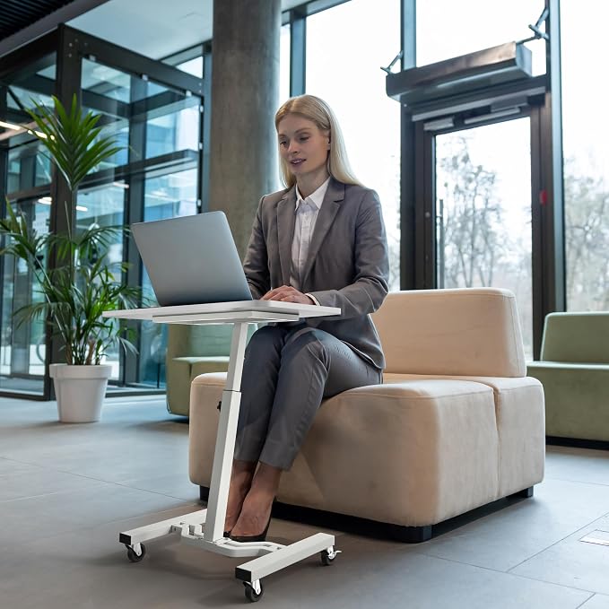 SHW Mobile Height Adjustable Laptop Rolling Cart with Height Adjustment from 28" to 33", White