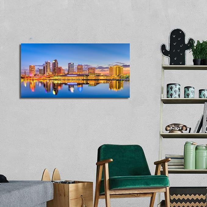 AIYISU Florida Skyline Wall Art USA City Poster Tampa Cityscape Picture Modern Office Wall Decor Blue Night Skyscraper Downtown River Reflection Painting Artwork for Living Room Decoration 20x40”