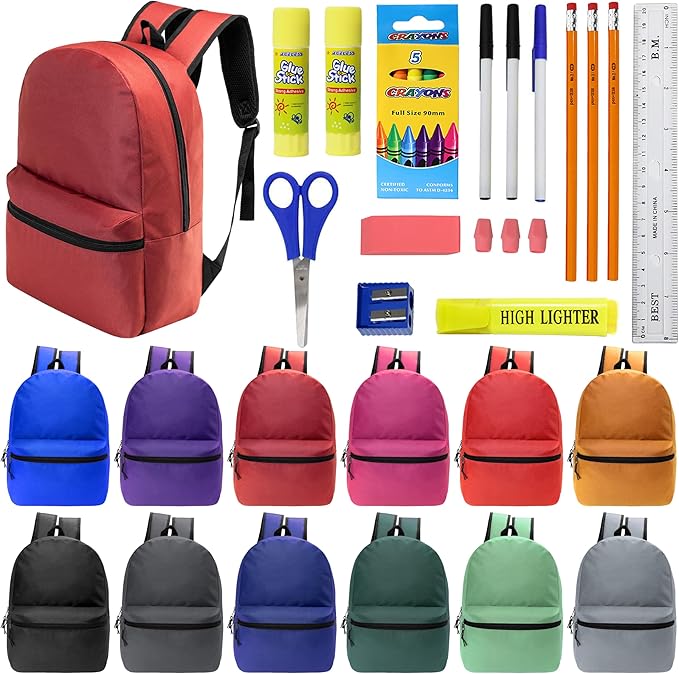 Moda West 17 Inch Bulk Backpacks with 22 Piece School Supplies Kits - Pens, Pencils, Crayons - Case of 12 Wholesale Backpacks in 12 Assorted Colors