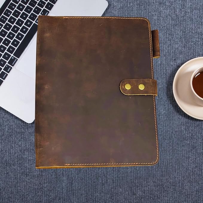 Premium Leather 3-Ring Binder Portfolio, 8.5x11 Inch Letter Size Organizer Folder, Refillable 3-Hole Paper BusinessBinder, Resume Folio for Men and Women (Brown)