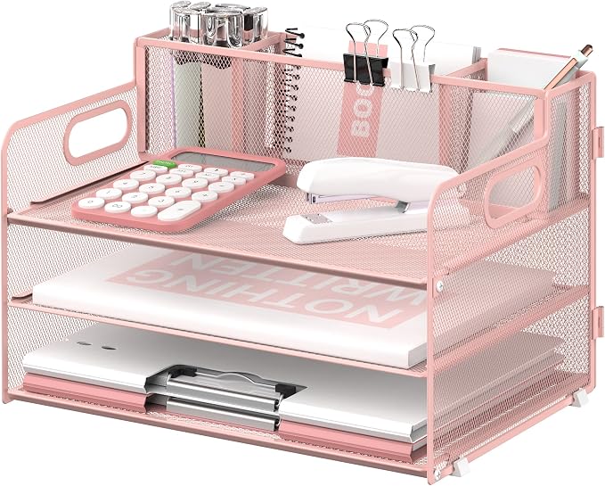 3-Tier Desk Organizer with Pen Holder and Handles, Paper Organizer, Pink | Desk Organizer and Paper Organizer for Desk with Pen Holder, Paper Trays and Handles for Files, Mail and Office Supplies