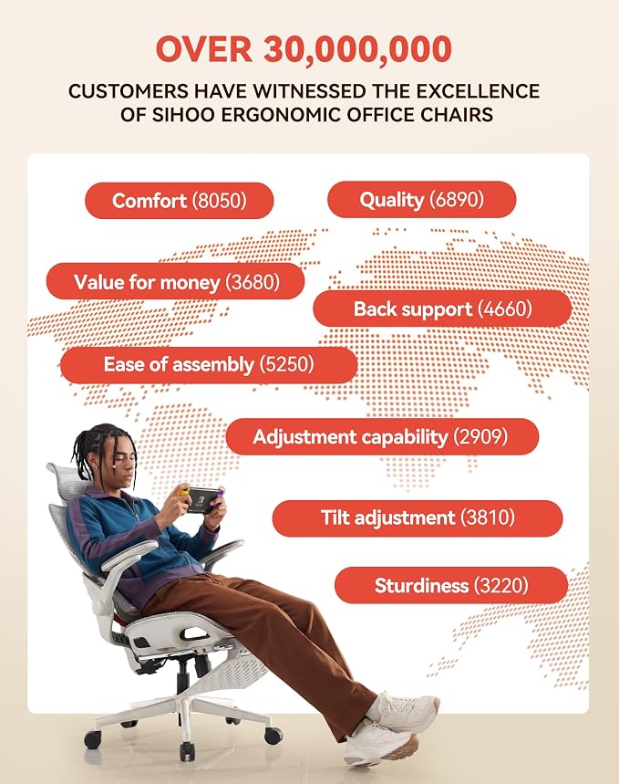 SIHOO B100 Pro Ergonomic Office Chair, Office Chair with Adaptive Lumbar Support, Computer Chair with Dual-Back, Desk Chair with 360° Rotatable & Flip-Up Armrests, 3D Wide Headrest, Light Grey