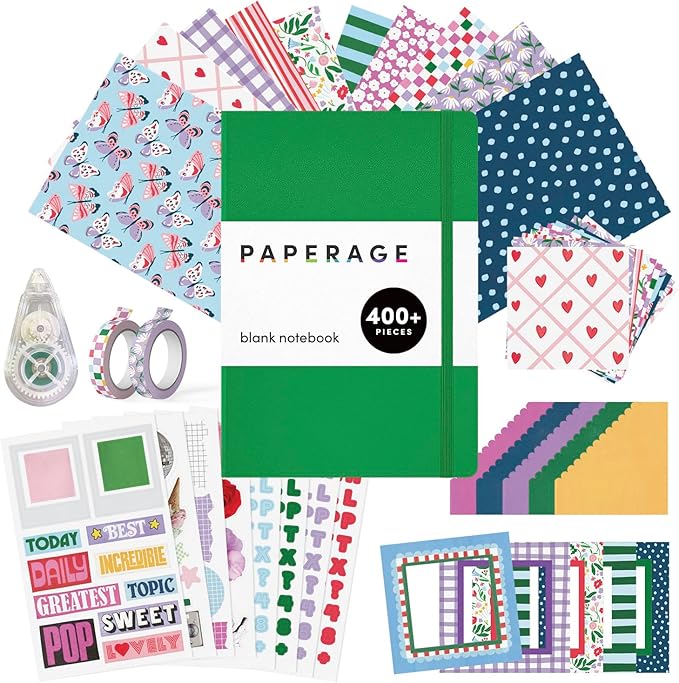 PAPERAGE Junk Journal & Scrapbook Kit, Hardcover Blank Journal Notebook, 20 Patterned Papers, 8 Sticker Sheets, 20 Die-Cut Shapes, 2 Washi Tapes & Tape Roller, Creative Journaling Supplies - Green