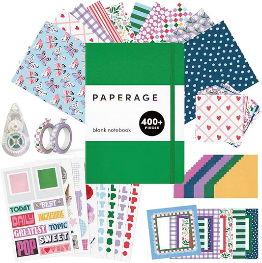 PAPERAGE Junk Journal & Scrapbook Kit, Hardcover Blank Journal Notebook, 20 Patterned Papers, 8 Sticker Sheets, 20 Die-Cut Shapes, 2 Washi Tapes & Tape Roller, Creative Journaling Supplies - Green