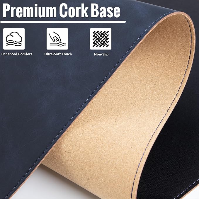 HAUTOCO Cork Desk Mat 31.5"x15.7", Distressed PU Leather & Cloth Desk Pad | Waterproof, Non-Slip, Stitched Edges, Royal Blue Large Gaming Mouse Pad, Laptop Blotter & Desk Protector for Office and Home