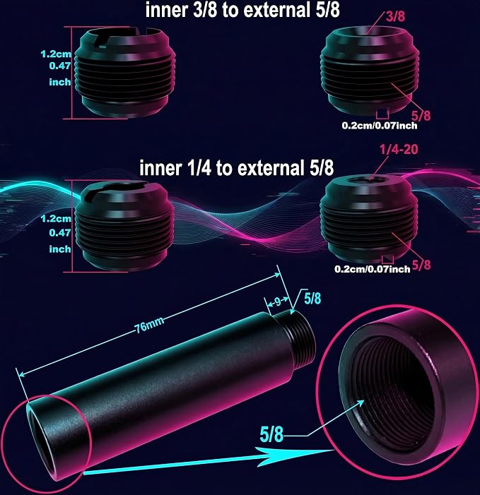 13 PCS Microphone Mount Mic Stand Adapter Parts Set - 3" Extension Tube, Aluminum Alloy 3/8 to 5/8, 1/4 to 5/8 Threaded Screw for Tripod Adapter, Shock Mount, Boom Arm, Projector, Black Anodized