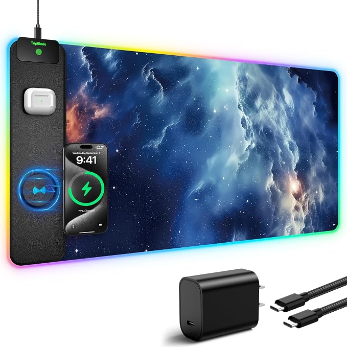 Wireless Charging Mouse Pad, RGB Gaming Mousepad Home Office Desk Pad, 31.5” x 15.8” XXL Large Desk Mat, Waterproof Keyboard Pad, Blue Nebula(Includes 20W PD Power Adapter & 6.56ft Woven Cable)