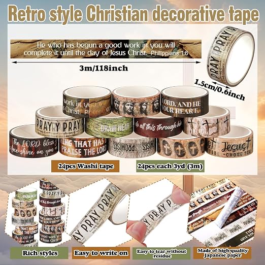 24 Rolls Christian Washi Tape Gifts Bulk Religious Inspirational Scripture Supplies Rustic Bible Verse Washi Tape for Bible Journaling Study Crafting Easter DIY Gifts