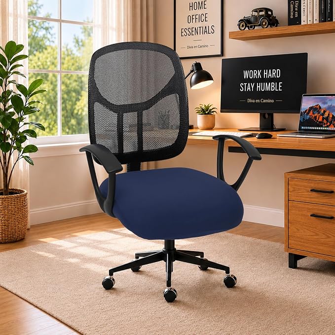 DIVA EN CAMINO DEC Stretchable Desk Office Chair Seat Cushion Covers - Universal Spandex Computer Chair Slipcover - Removable Washable Cushion Protectors for Dogs, Cats, Pets (Navy)