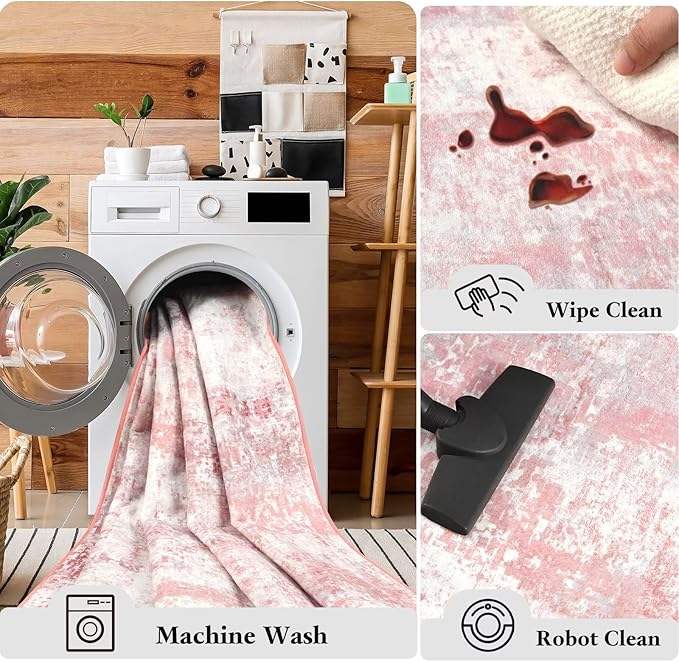 Macgace Washable Abstract Rug, 2x3 Small Modern Area Rugs with Non-Slip Rubber Backed for Kitchen, Thin but Soft Throw Carpet Bedroom Entryway Front Door Decor, Pink