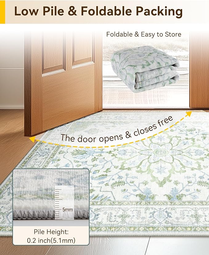 RELEANY Area Rugs 5'x8' Washable Non-Slip, Floral Vintage Distress Medallion Carpet for Living Room Bedroom Dining Room, Green White Blue