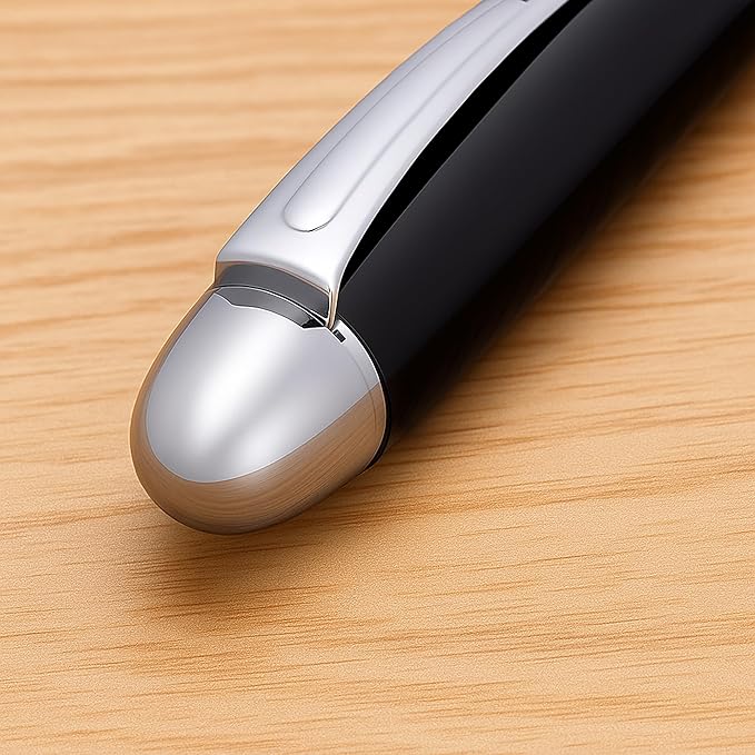 'The Boss' Black Luxury Executive Fountain Pen, Polished Lacquer, Chrome Accents, Stainless Steel Nib, Easy Refill Ink Piston Converter, Smudge Free, No Bleed, Fits Our Instant Insert Ink Cartridges