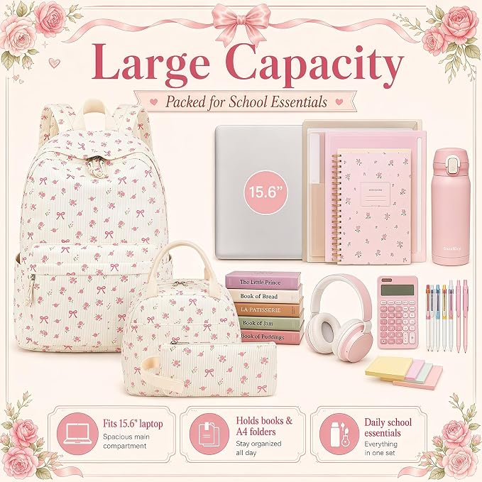Bluboon School Backpack Set Girls Womens Laptop Bookbag Casual Daypack Fits 15 inch Laptop with Lunch Tote Bag and Pencil Bag