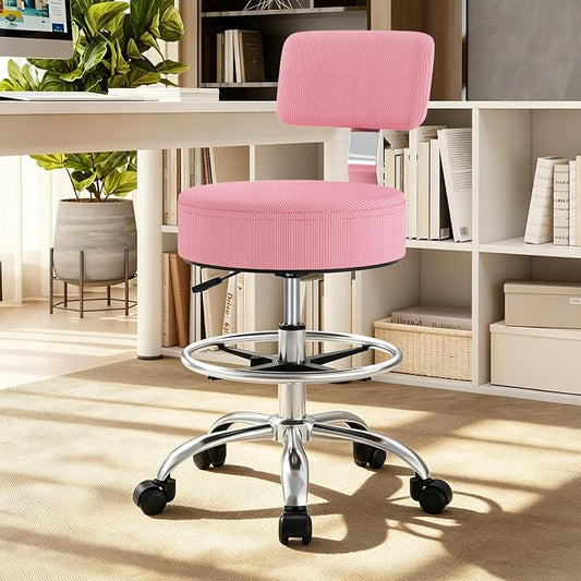Office Drafting Chair with Footrest, Tall Height Adjustable Stool with Back Support, Heavy Duty Rolling Stool Chair with Wheels for Office Home Kitchen Bar Shop Guitar Studio Vanity, Pink