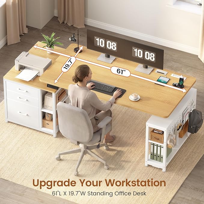 SEDETA 61" Electric Standing Desk with Storage Drawers, Height Adjustable Office Executive Desk with File Drawer, Stand up Computer Desk with Power Outlet for Home Office, Oak