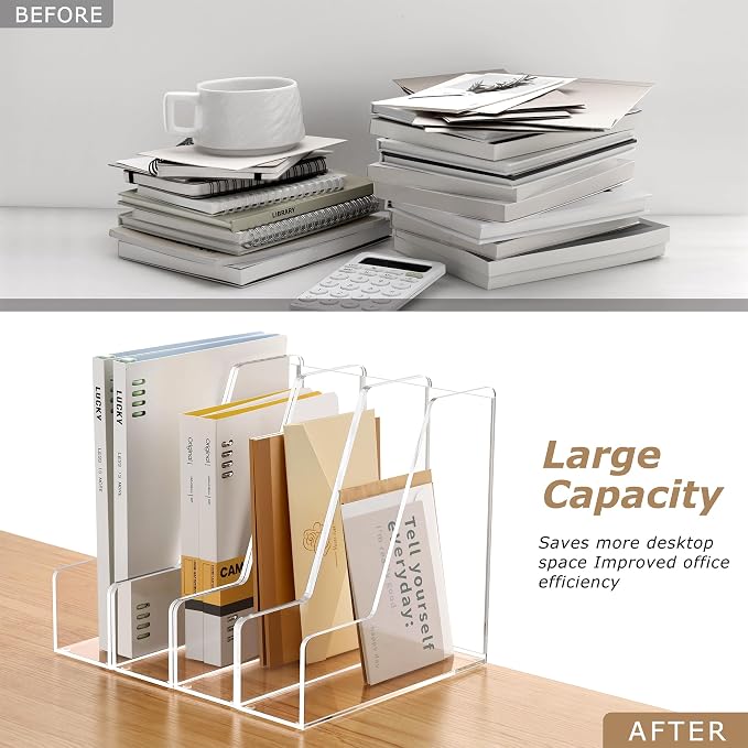 SANRUI 4 Pack Vertical File Holder, Acrylic Desk Organizer Magazine File Sorter for Magazines, Binders, Notebooks, Envelopes, Multi-purpose Clear Document Organizer Rack