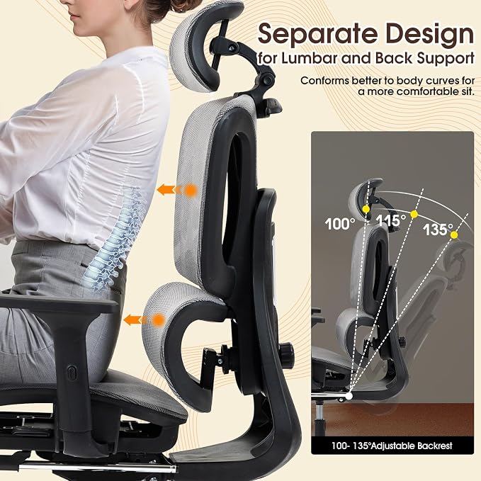 ECOTOUGE Grey Mesh Ergonomic High Back Office Chair with Footrest | Adjustable Lumbar Support, Headrest, Armrests, Reclining, Swivel, Rolling Casters, Sturdy Base, for Home Office & Gaming