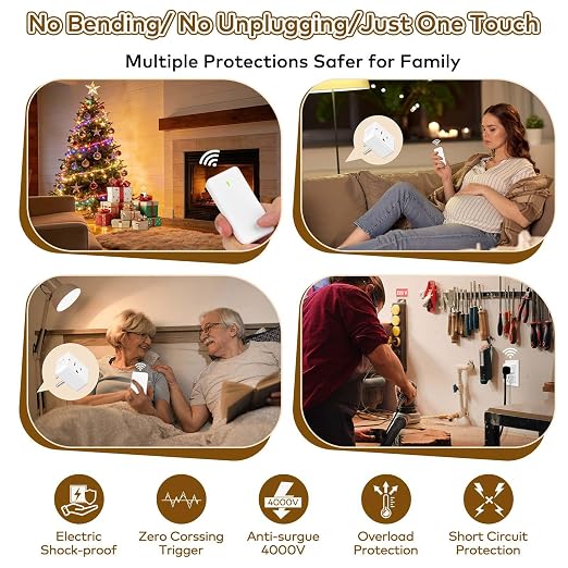 NineLeaf Remote Plug in On Off Switch Kit, Square Outlet Plug with Remote, Wireless Wall Mounted Light Switch, 15A/1500W, 500ft, TUV Listed, No Wiring Needed, for Lamps, Fans,2 Switches 5 Outlets