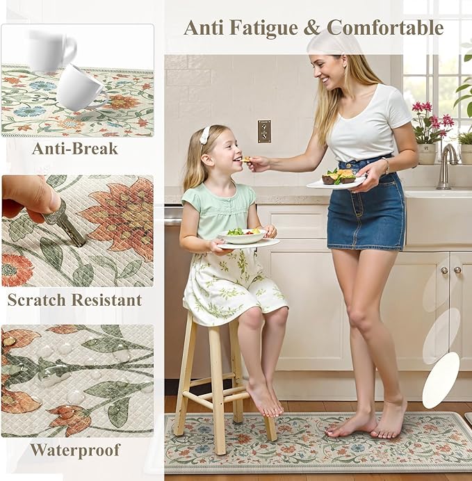 Collive Kitchen Mats for Floor, Cushioned Anti Fatigue Mat Floral Rugs 2 Piece Non Skid Waterproof Sink Rug, Memory Foam Comfort Standing Mat for Office, Laundry, Desk, 17.3"x29"+17.3"x47", Beige