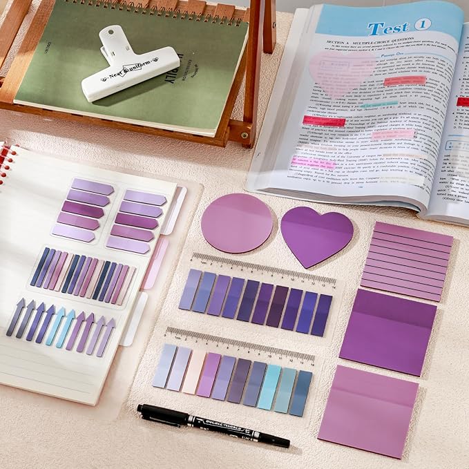 1450 Sheets Transparent Sticky Notes, 3 x 3 inch Aesthetic Clear Lined Sticky Notes with Pen, Gradient Color Waterproof Self-Adhesive Annotation Tabs for Bible Journaling (Purple)