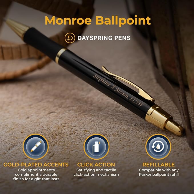 Dayspring Pens, Monroe Black Ballpoint Pen, Custom Engraved with 18K Gold Accents, Click Action, Medium Point Black Ink, Gift for Graduation, Career Advancement, Nurse Appreciation, Birthdays