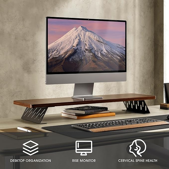 Fenge Monitor Stand Riser, 31.5 Inch Desk Top Shelf for 2 Monitors, Computer Stands for Desk, Wood & Steel Desktop Riser for Laptop, PC, Printer