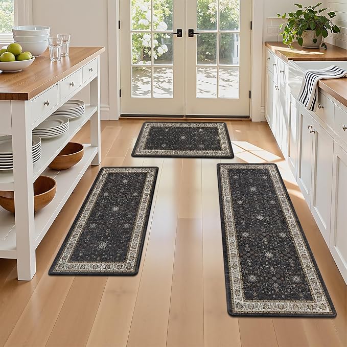 Pauwer Anti Fatigue Kitchen Floor Mats Set of 3, Cushioned Rugs, Black | Non Slip Comfort Standing Mat, PVC Foam Padded Kitchen Rugs, Waterproof Sink Rug for Small Kitchen Area, Laundry Room