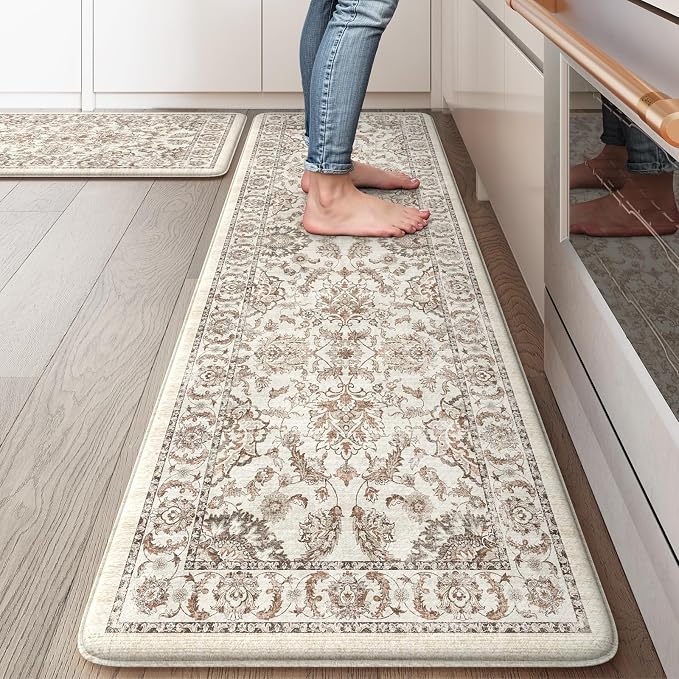 KIMODE Anti Fatigue Kitchen Mats for Floor Cushioned Kitchen Rugs Sets of 2 | 17"x59"+17"x29",Vintage Floral,Khaki,Non-slip,Waterproof,Kitchen Rug,Comfort Foam Paded Mat for Floors Office Laundry Sink