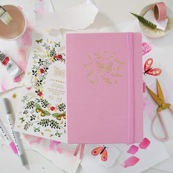 Primrosia A5 Dot Grid Watercolor Journal Notebook – 160 pages I 160gsm Premium Heavy Paper, No Bleed – Luxe Linen Hard Cover (Pink Butterfly)