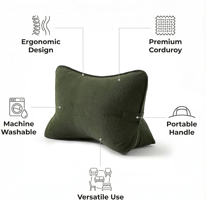 Pat. Pend. Corduroy Ergonomic Lumbar Support Pillow for Sitting Support, Triangle Back Cushion for Sofa, Armchair & Bed, Washable Cover, Avocado Green