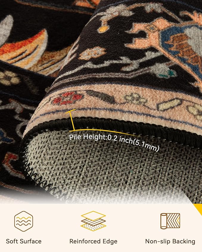 RELEANY Area Rugs Round 8ft Washable Non-Slip, Floral Vintage Distress Medallion Carpet for Living Room Bedroom Dining Room, Black Colorful Floral Dark Tan