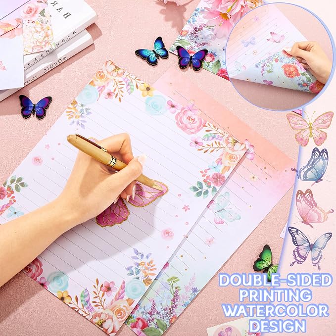 TaoBary 160 Pcs Stationery Paper Set 50 Double Sided Stationery Papers with 50 Matching Envelopes and 60 Round Dot Sticker, 10 Design(Watercolor Butterfly,8.5 x 11 Inch)
