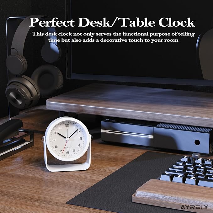 AYRELY® 3.5" Small Analog Travel Alarm Clock, Battery Operated Desk Clock | Cute Table Clock with Light, Adjustable Angle, Bedside, Bedrooms, Kids' Rooms and Living Room Decor (White)