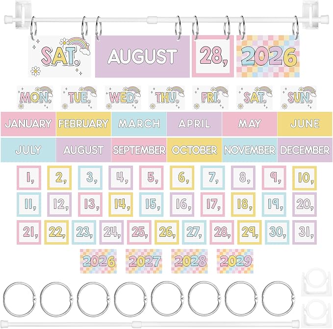 Pastel Rainbow Flip Calendar Bulletin Board Set 54 Date Cards for Teacher Classroom Years 2026-2028 Rainbow Flip Calendar with Adjustable Holder and O-Rings for Back to School Supplies