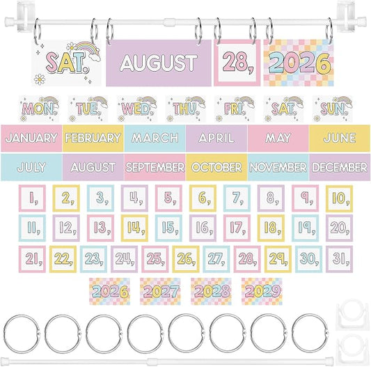 Pastel Rainbow Flip Calendar Bulletin Board Set 54 Date Cards for Teacher Classroom Years 2026-2028 Rainbow Flip Calendar with Adjustable Holder and O-Rings for Back to School Supplies