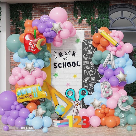 Back to School Balloon Arch Kit,Retro pink purple green Balloons Pencil Apple Bus ABC Foil Balloons for Welcome Back To School Classroom Party First Day of School Kindergarten Decorations