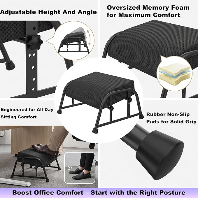 10-Level Adjustable Under Desk Footrest, XL Black Metal Frame | Ergonomic under desk leg rest or desk foot rest. Home computer heavy duty office chair foot stool for gamers,works(Black)