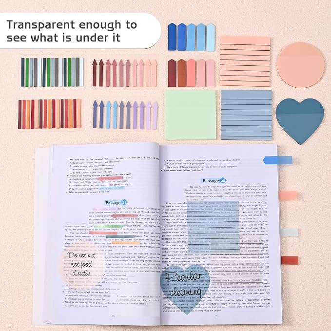 1450 Sheets Transparent Sticky Notes, 3 x 3 inch Aesthetic Clear Lined Sticky Notes with Pen, Gradient Color Waterproof Self-Adhesive Annotation Tabs for Bible Journaling (Blue & Purple)