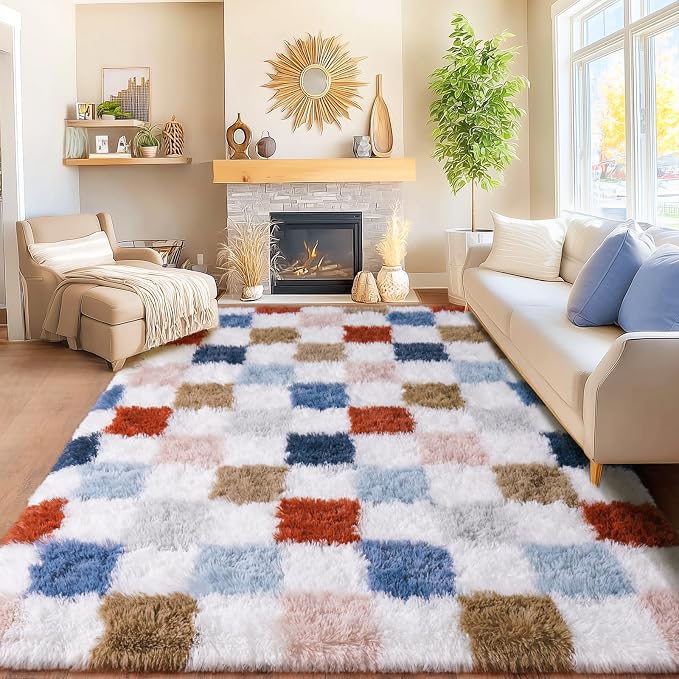 Area Rugs for Living Room 8x10, Ultra Fluffy Shag Checkered Rug Modern Washable Carpet Soft Shaggy Non Slip Indoor Plush Fuzzy Rugs for Bedroom Dorm Office Home Aesthetic Decor, Red and Blue Colorful