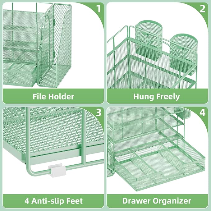 Marbrasse 4-Tier Paper Tray Organizer with Drawer and Pen Holder, Green | Metal Mesh Desk Organizer, Built-in Drawer & 2 Pen Slots, fits letters/Files, for School Home Office Supplies