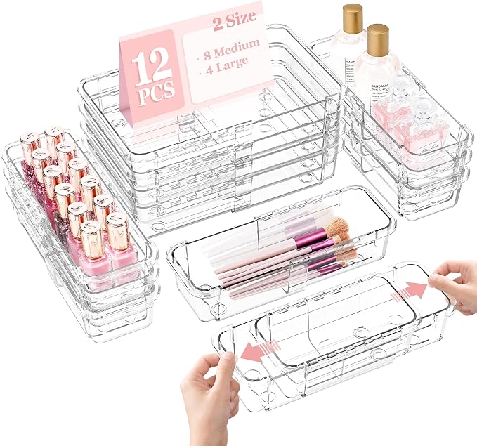 DILIBRA 12 Pcs Clear Extendable Drawer Organizer, Adjustable Drawer Storage | 2-Size Desk Drawer Organizer, Plastic Non-Slip Storage Bins for Makeup Cosmetic Jewelries Utensils Stationery Dressers Tool
