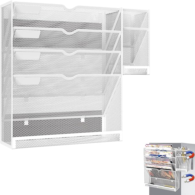 Magnetic File Holder, Magnetic File Organizer Wall Mount, 5 Tier Hanging Mail Organizer Folder Holder, Mesh Desk Accessories and Organizers, Paper Document Magazine Rack with 3 Pen Holder