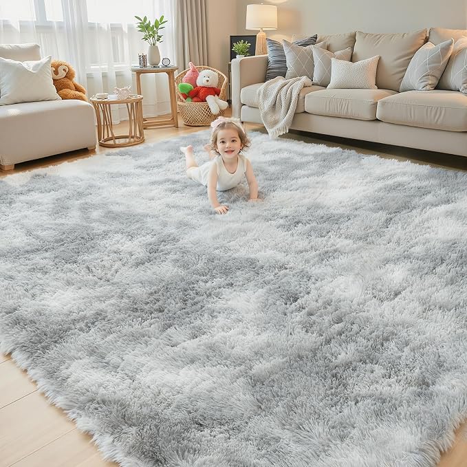 Area Rugs 9x12 Living Room,Large Area Rug Shaggy Carpet Soft Plush Furry Bedside Rug, Machine Washable Area Rugs for Bedroom Home Decor Non-Slip(9 x 12, Light Grey Tie-Dyed)