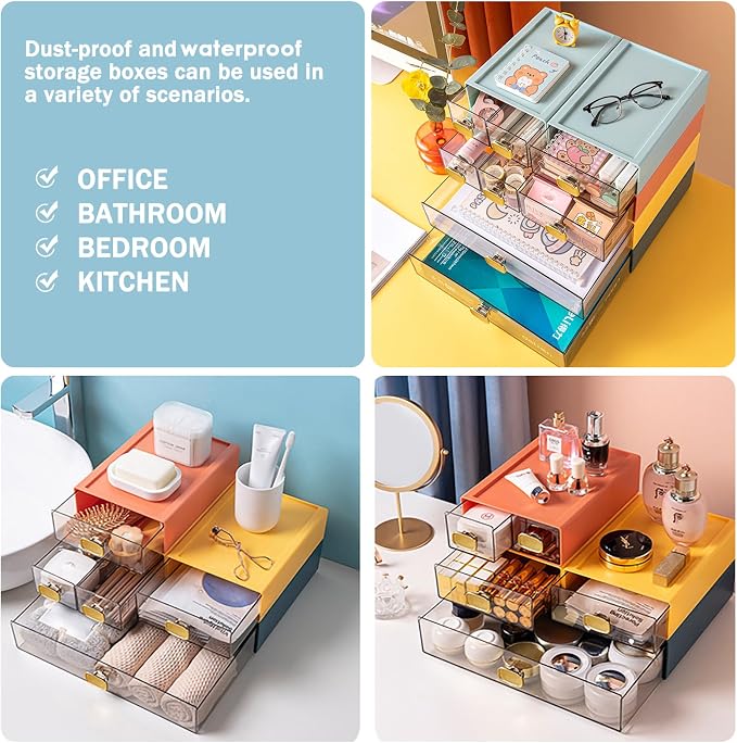 2PACK Stackable Storage Drawers for Desk 6.5"x9"x3" Small Storage Organizer Plastic Desk Organizer with Drawer Desktop Storage Box for Cosmetic, Pencil, Jewelry, Lipsticks (Blue,M-2 Drawer)