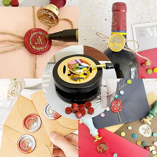 Black Wax Seal Warmer Furnace Kit With Spoon, Stir Stick and Tealight Candles Set for Wedding Envelope Seal Stamp
