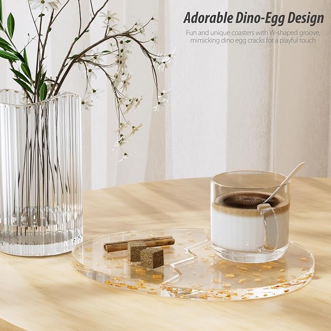 Acrylic Coaster Decorative Plates,Office Desk Accessories, Clear Dinosaur Egg Shape Coffee Cup Decor, Perfect for Tabletop Protection and Display.