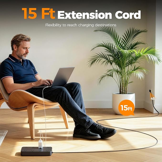 TESSAN Power Strip Surge Protector, 15FT Flat Plug Extension Cord with 8 Outlets 3 USB Charger(1 USB C), 1080 Joules Protection, Wall Mountable Charging Station for Home Office Dorm, Black